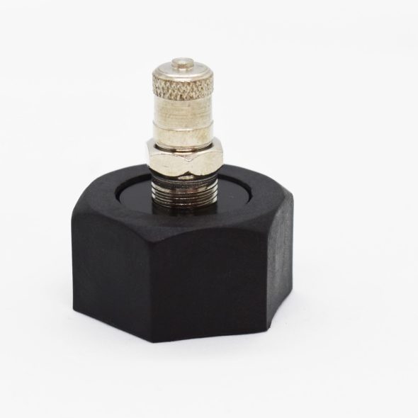 A metal valve attached to a black hexagonal base, placed on a white background.