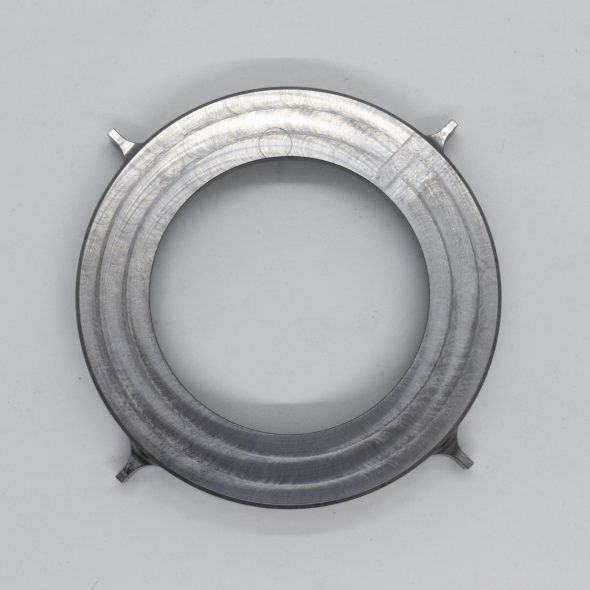 Circular metal ring with four small tabs on a light gray background.