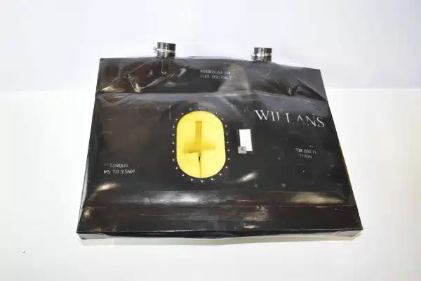 Black Wilans safety fuel bag with a yellow valve, placed on a white background.