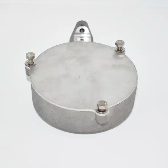Round metal sensor housing with three visible screws, placed on a plain white background.