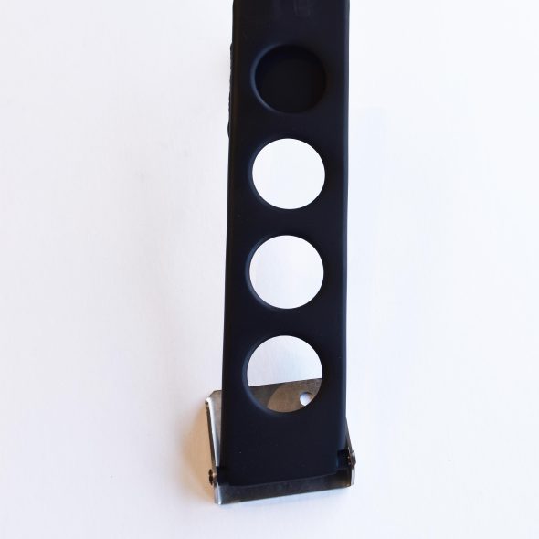 Black metal throttle pedal with four circular holes, photographed on a white background.