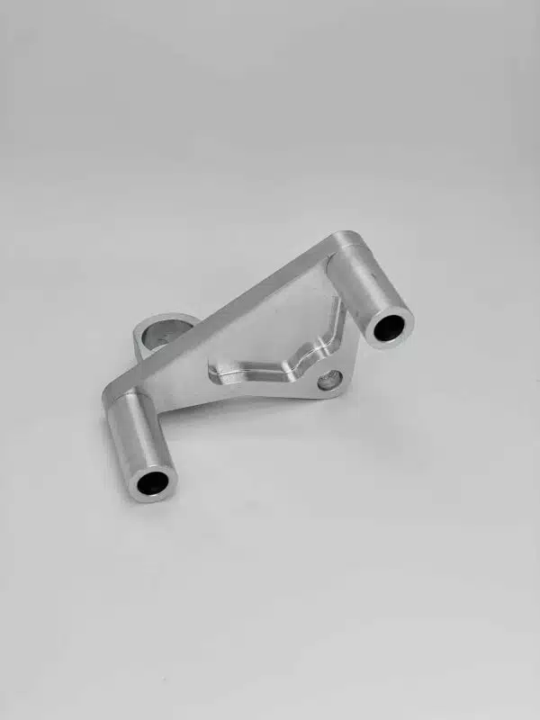 Silver metal bracket with two cylindrical arms on a plain white background.