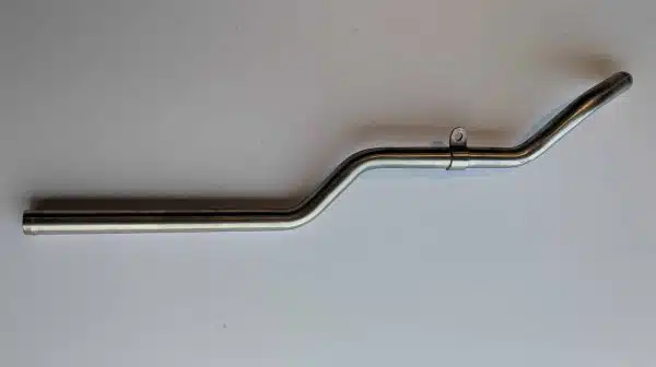 A bent metal pipe with a clamp, lying on a plain white surface.