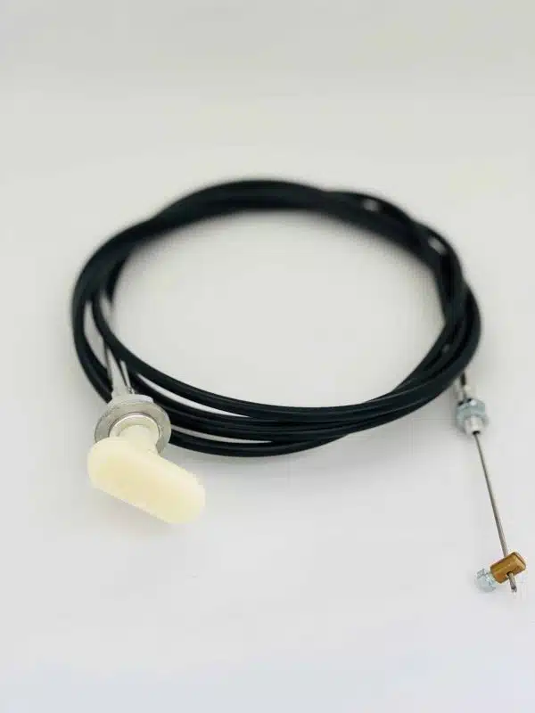 A black cable with a white plastic handle and a metal tip on a white background.
