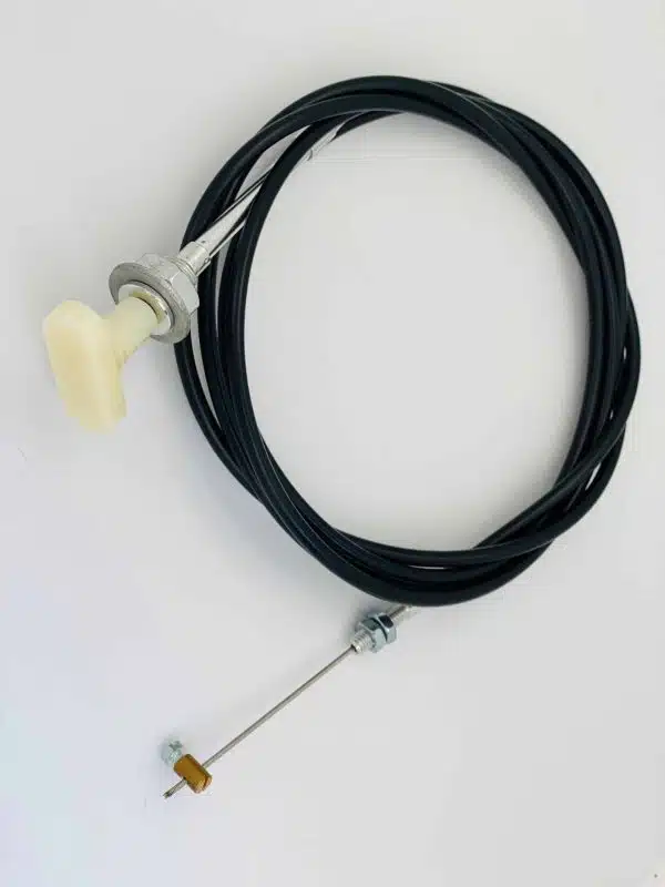 Black cable with a white plastic knob and metal rod on a white background.