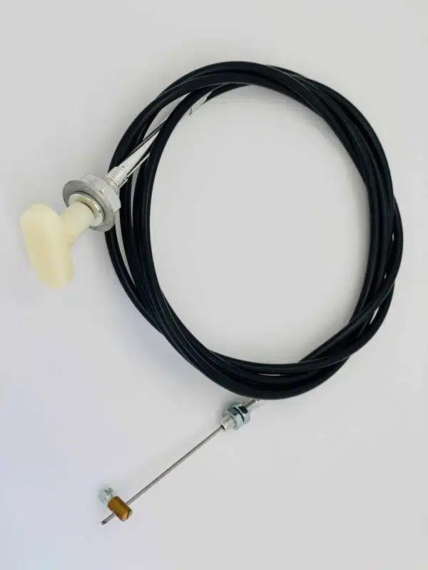 A black throttle cable with a white plastic knob and metal fittings on a white background.