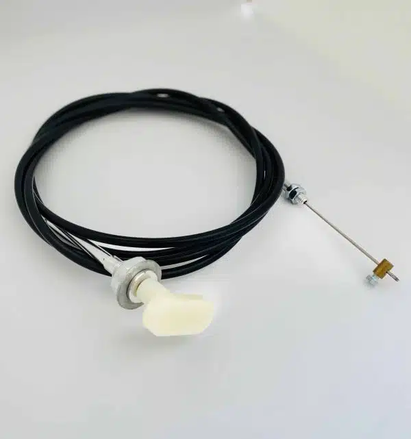 Black cable with a white plastic knob on one end and a metal rod on the other, on a white background.