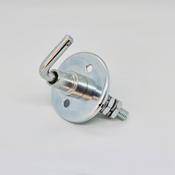Metal valve with a round base and an angled handle on a plain white background.