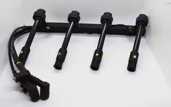 Four black ignition leads with connectors, arranged side by side on a white background.