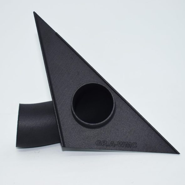 Black plastic triangular wing mirror duct with a circular opening on a white background.