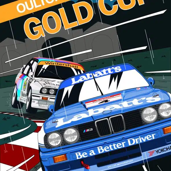 Two race cars on a track in the rain with "Oulton Park Gold Cup" text above them.