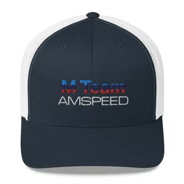 Navy blue and white trucker hat with "M Team AMSPEED" embroidered on the front.