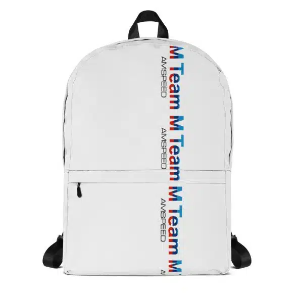 White backpack with vertical "M Team" and "ANVSEED" text in blue and red on the front.